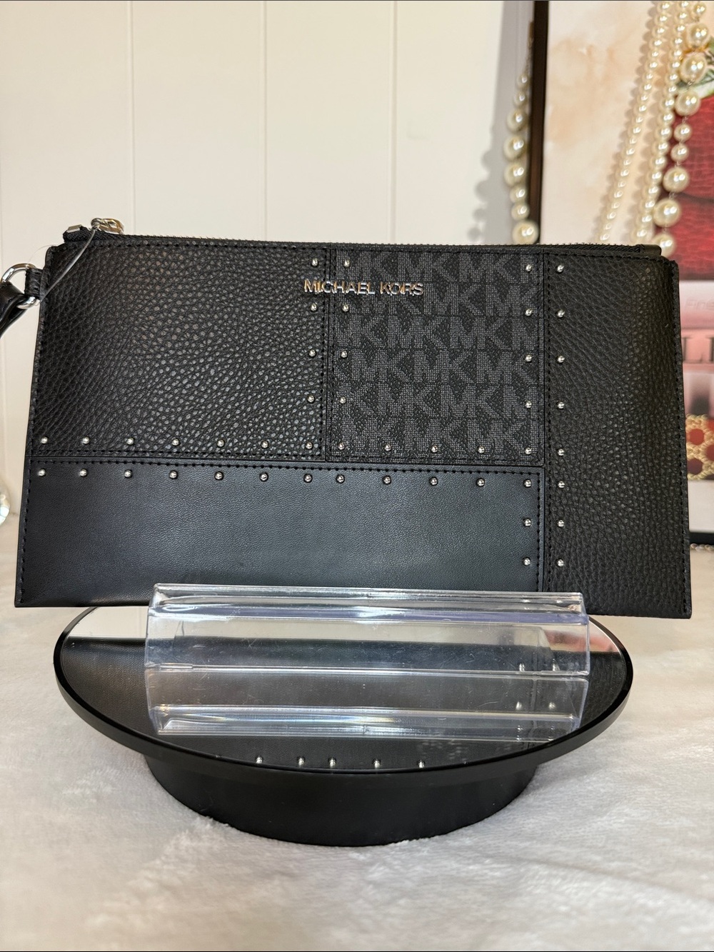 NWT Michael Kors Jet Set Large Zip Wristlet Black Leather MK Logo Studded Clutch